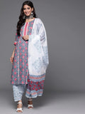 Anni Designer Women'S Cotton Blend Straight Printed Kurta With Pant & Dupatta (Uvesh Grey_Xxl_Grey_Xx-Large),Grey,2XL,Cotton Blend,Straight,Pants, Dupatta