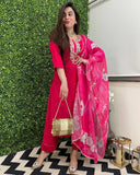 Anni Designer Women'S Rayon Blend Straight Embroidered Kurta With Pant & Dupatta (Hafti Pink_L_Pink_Large),Pink,L,Rayon Blend,Regular,