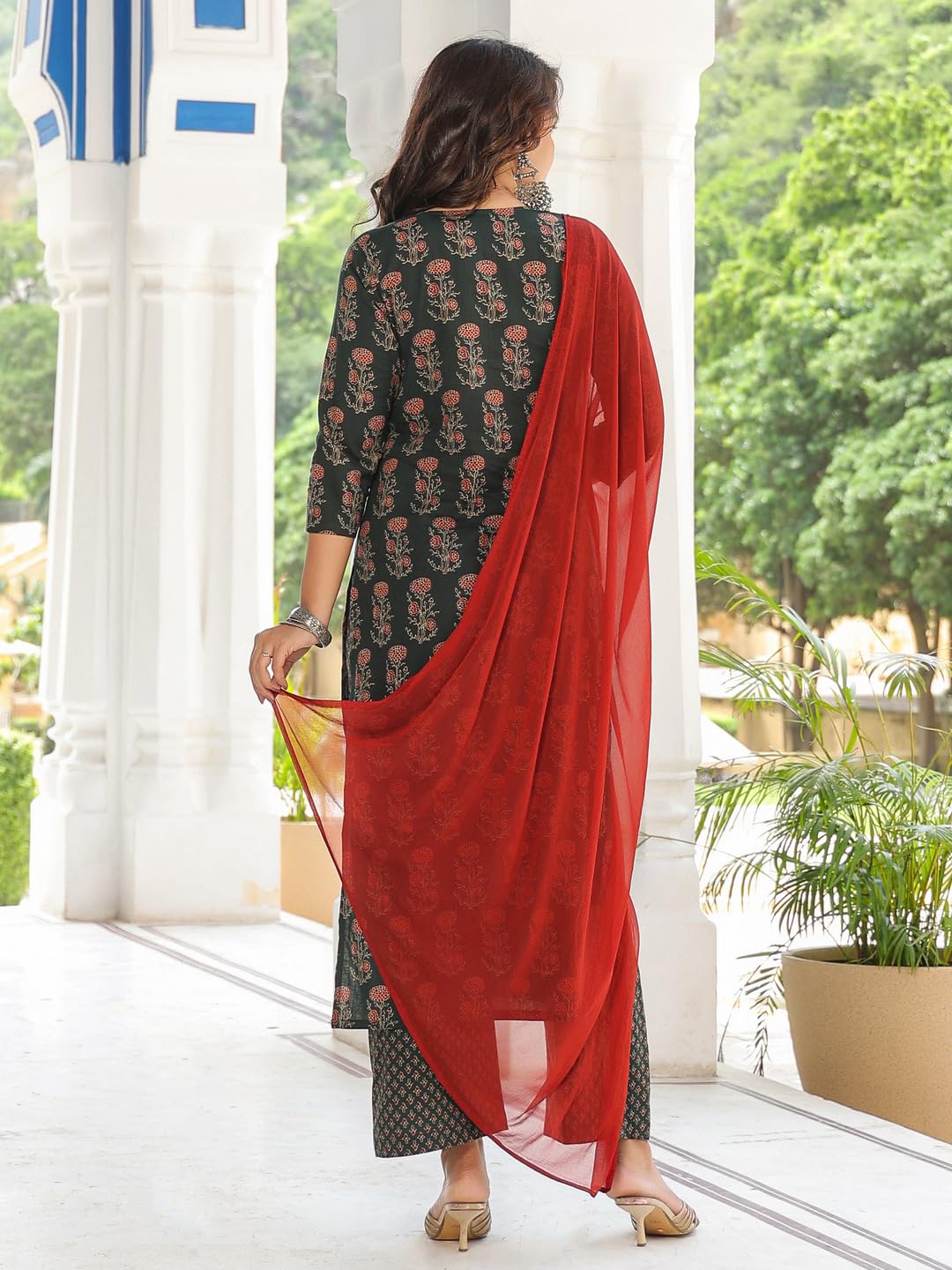 Anni Designer Women'S Cotton Blend Printed Straight Kurta With Pant & Dupatta (Dini Green_M_Green_Medium),Green,M,Cotton Blend,Regular,