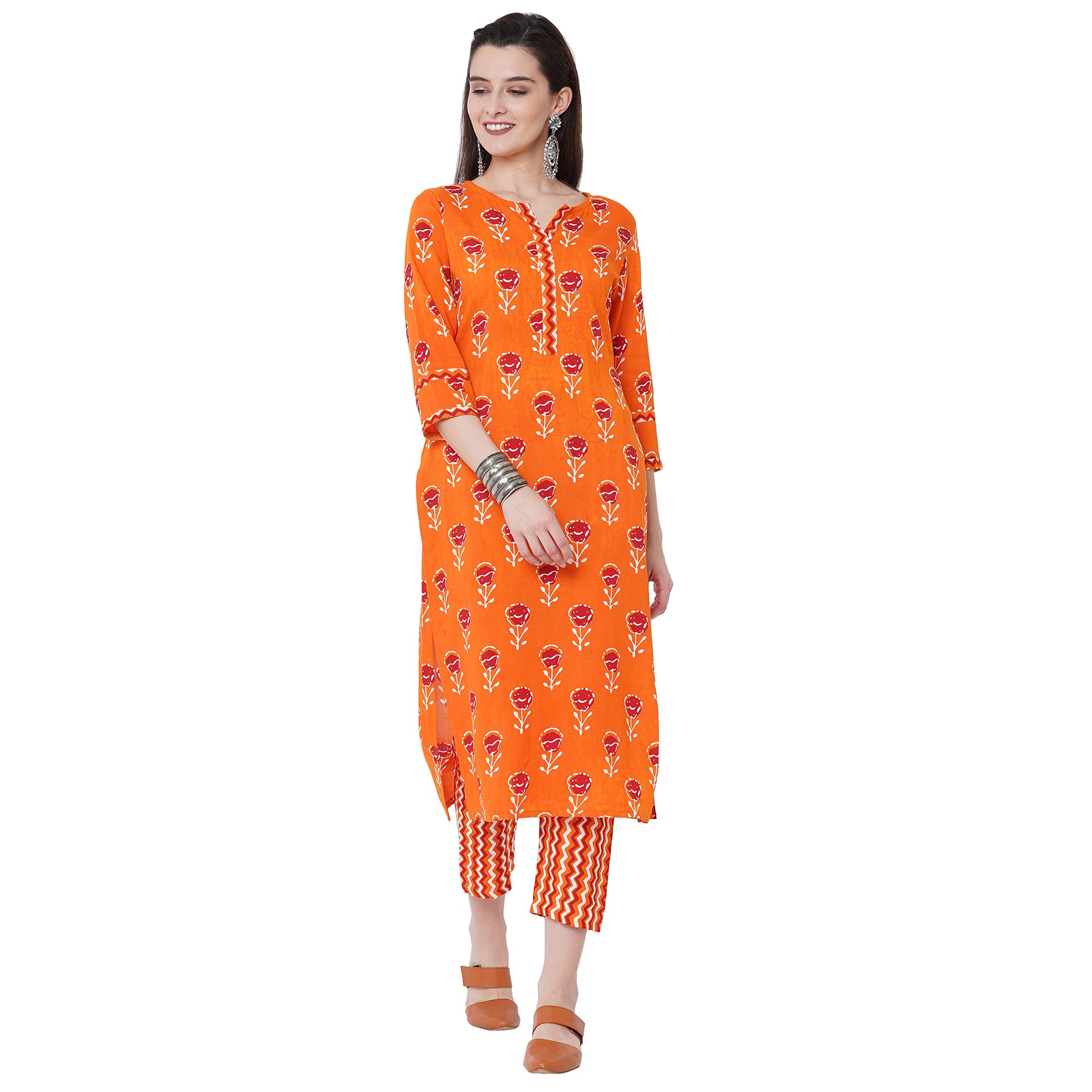 Gosriki Women'S Cotton Straight Kurta With Palazzo (Gshk132_Xl_Orange_X-Large),Orange,,B09H391T88