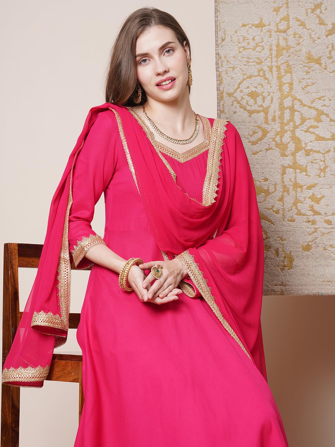 Anni Designer Women'S Rayon Blend Anarkali Solid Kurta With Pant & Dupatta (Shyam Pink_S_Pink_Small),Pink,S,Rayon Blend,Anarkali,