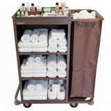 Apranto Housekeeping Trolley | 3 Shelves | Removable Laundry Bag | Brown Metal Body | For Hotels, Resorts