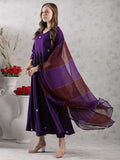 Anni Designer Women'S Rayon Blend Anarkali Embroidered Kurta With Pant & Dupatta (Gsk-Purple-Vks03_S_Purple_Small),Purple,S,Rayon Blend,Anarkali,