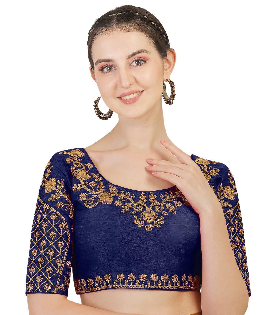 Vihu Fashion Women's Phantom Silk Multicolour Floral Design Hand Embroidery Gold Thread and Stone Work Readymade Blouse for Sare