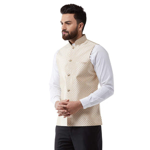 Sojanya (Since 1958, Mens Silk Blend, Beige & Gold Embroidered Nehru Jacket, Size: 38