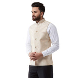 Sojanya (Since 1958, Mens Silk Blend, Beige & Gold Embroidered Nehru Jacket, Size: 38