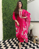 Anni Designer Women'S Rayon Blend Straight Embroidered Kurta With Pant & Dupatta (Hafti Pink_L_Pink_Large),Pink,L,Rayon Blend,Regular,