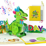 FaCraft Dinosaur Musical Birthday Cards for Kids - Music and Lights 3D T-Rex Handmade Pop Up Birthday Cards with Envelope, Blank