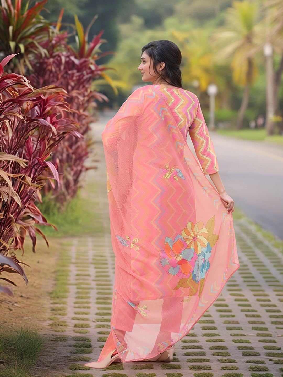 Anni Designer Women'S Rayon Viscose Straight Printed Kurta With Pant & Dupatta (Zaggu Pink-Vks02_L_Pink_Large),Pink,L,Rayon,Regular,