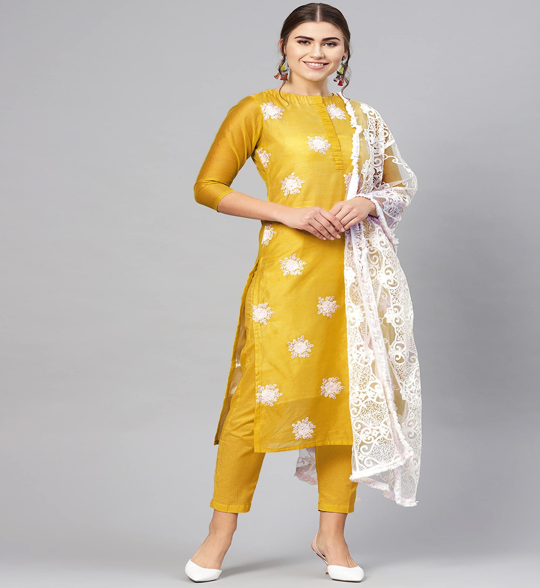 Anni Designer Women'S Ruby Cotton Straight Embroidery Kurti With Pant & Dupatta Set (White-Show Multicolor_Xl Multicolor_X-Large),Multicolour,XL,Cotton Blend,Straight,