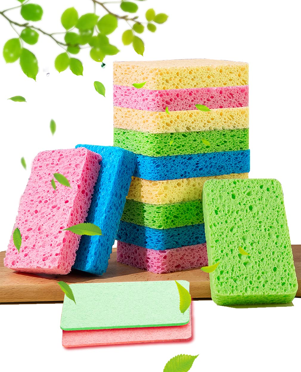 12-Count Kitchen Sponges- Compressed Cellulose Sponges Non-Scratch Natural Dish Sponge for Kitchen Bathroom Cars, Funny Cut-Outs
