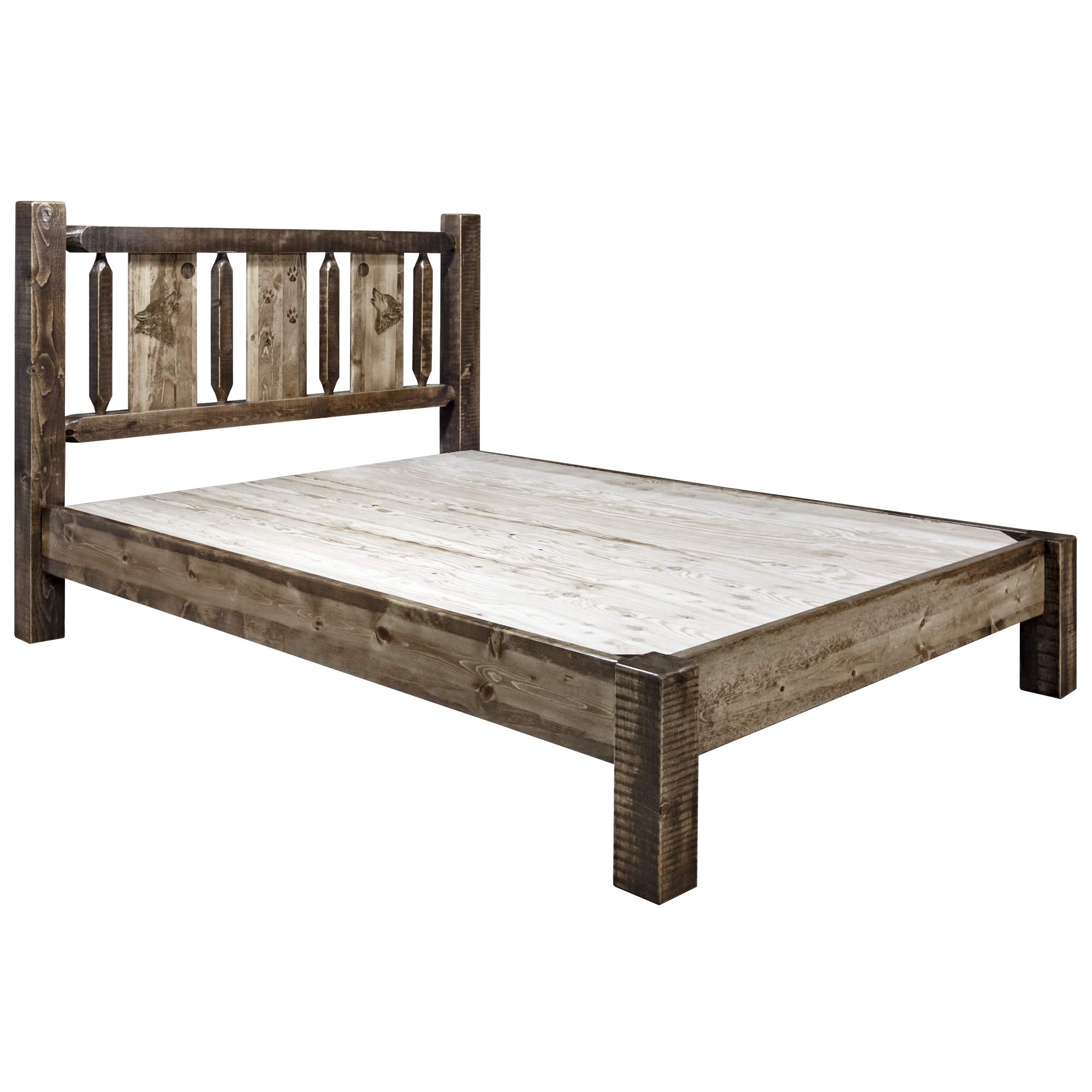 Montana Woodworks Woodworks Homestead Collection Twin Platform Bed, Stain And Clear Lacquer Finish With Laser Engraved Wolf Desi