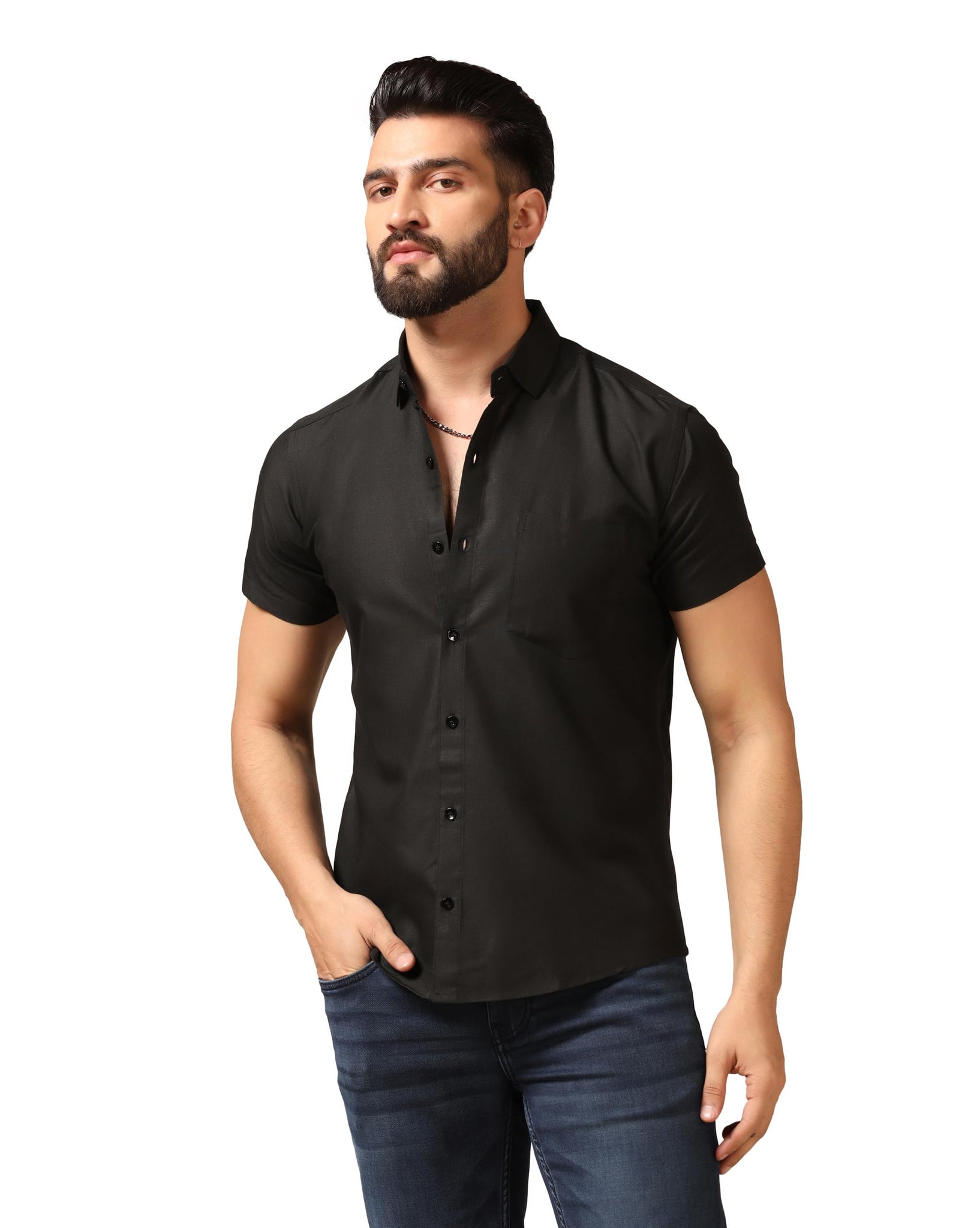 Toplot Men'S Regular Fit Solid Casual Shirt With Pocket Design With Spread Collar & Half Sleeves (Half-Pocket-5179-Black-Xl),Black,,B0CYGCNPXC