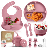 o'doe 11-Piece BPA-Free Silicone Baby Feeding Set | Thick & Soft Suction Plates, Baby Bowls, Wooden Fork & Spoon, and More | Mak