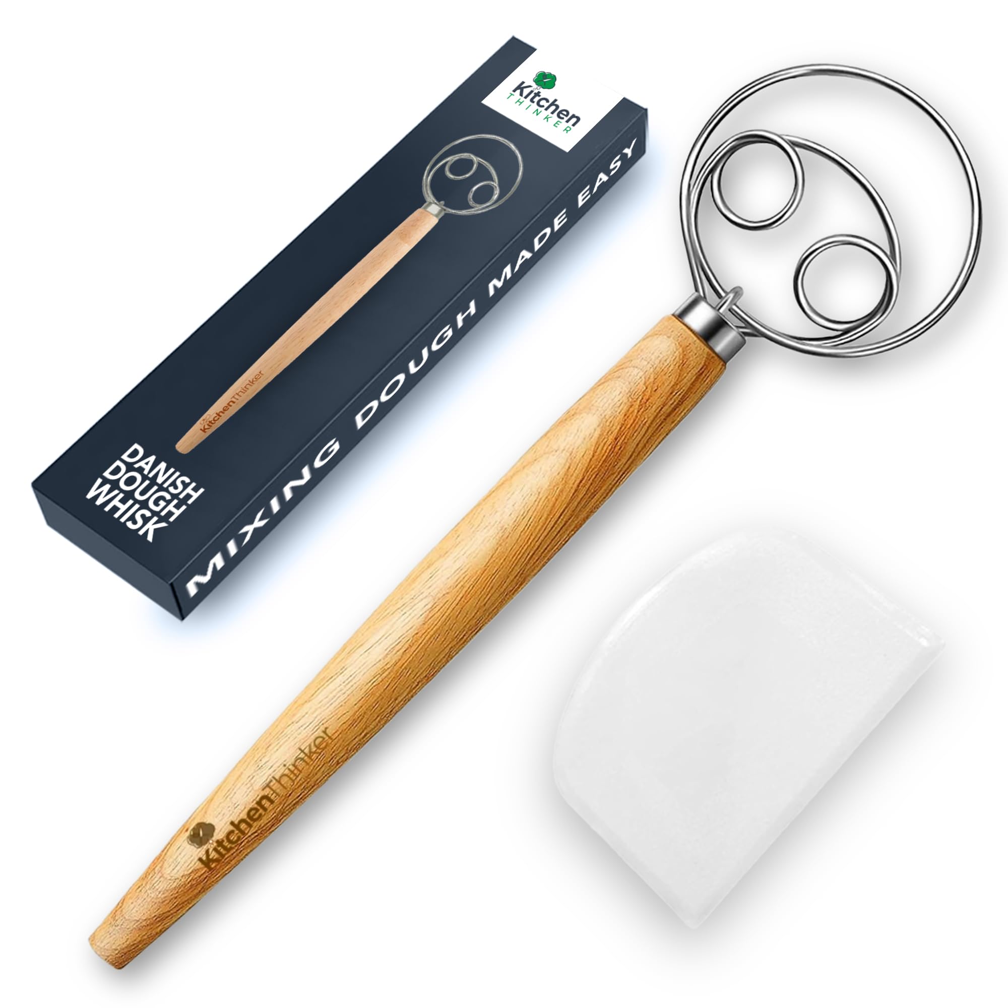 13 Inch Danish Dough Whisk with Dough Scraper, Dutch Bread Whisk with Stainless Steel Dough Hook, Sourdough Whisk for Baking, Da