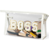 CY2SIDE BOSS Clear Makeup Bag - White BOSS Letter Patch Cosmetic Bag Best Gift for Sister PVC Zipper Clear Travel Pouch with han