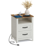 VASAGLE LIRY Collection - Farmhouse Nightstand with Charging Station, Bedside Table, Side Table with 2 Drawers, Open Compartment