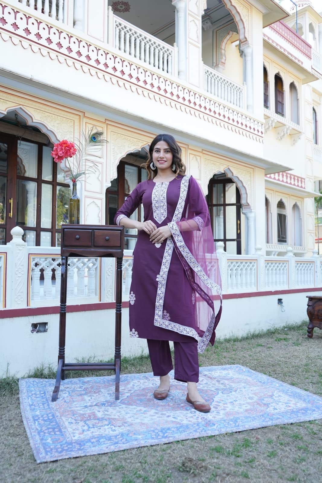 Anni Designer Women'S Cotton Blend Floral Regular Kurta With Pant & Dupatta (Tistha Jan40_Wine,Wine,2XL,Cotton Blend,Regular,Dupatta