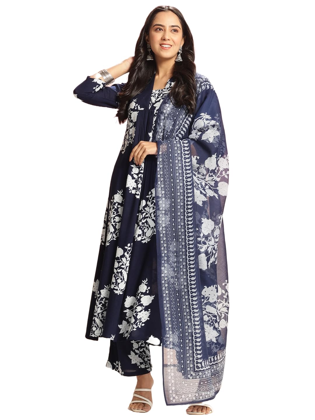 Anni Designer Women'S Rayon Viscose Anarkali Printed Kurta With Pant & Dupatta (Jasiwal Blue-Vks02_5Xl_Blue_Xxxxx-Large),Blue,5XL
