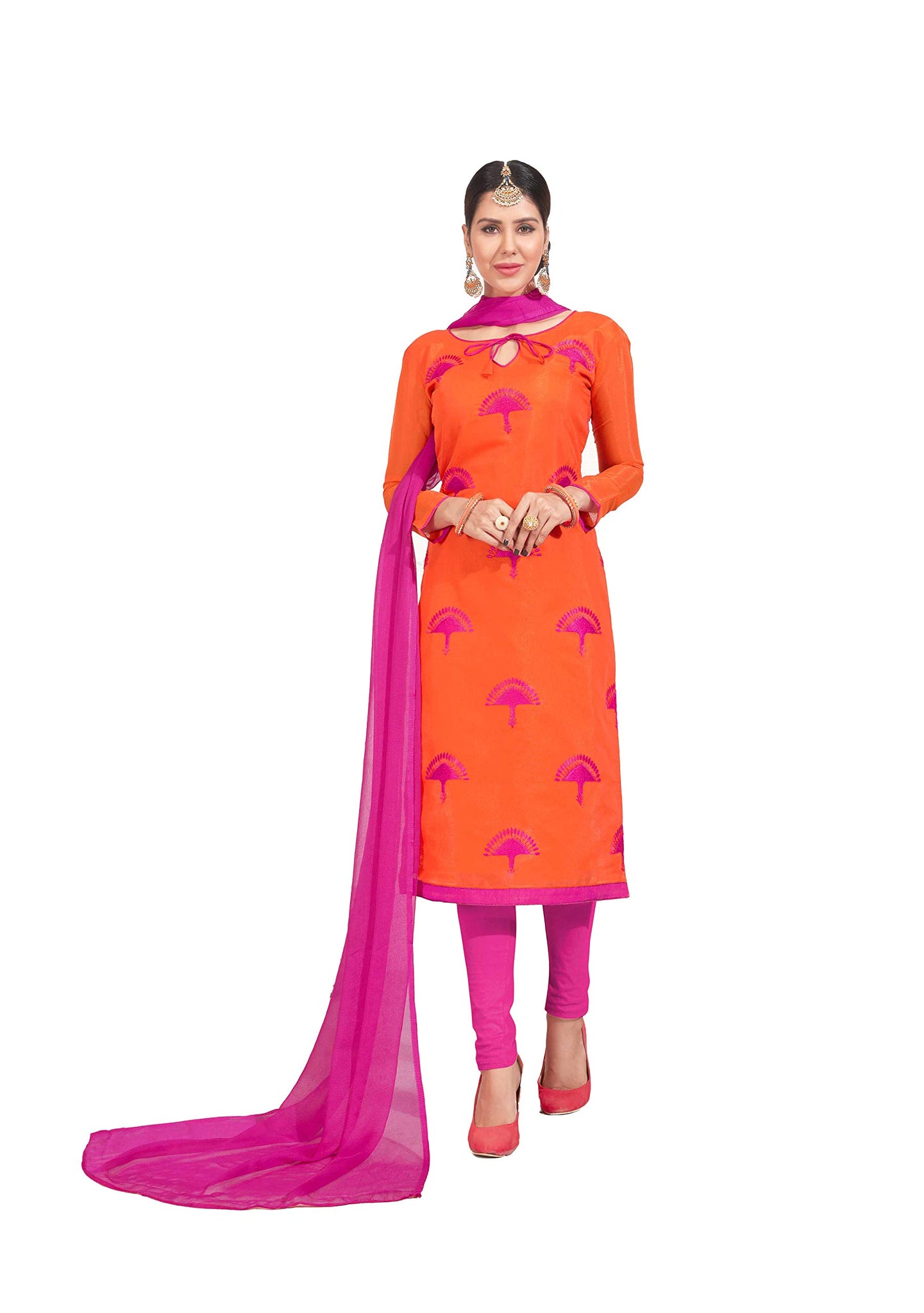 Anni Designer Women'S Orange Color Chanderi Embroidered Churidar Dress Material(Intercity 1012_Orange_Free Size),Orange,Free Size