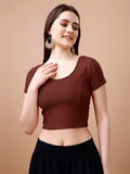 Pujia Mills Women'S Readymade Dobby Cotton Lycra Stretchable Round Neck Short Sleeve Blouse Fancy Brown Color Lycra Stretchable Blouse For Women Stylish Readymade Saree Blouse Brown L