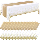 Breling 24 Packs White and Gold Disposable Plastic Tablecloths and Satin Table Runner Set, 54 x 108 Inch Tablecloth, 12 x 108 In