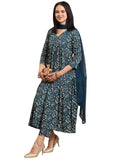 Gosriki Women'S Rayon Blend Anarkali Printed Kurta With Pant & Dupatta (Dabu Kerosin-Vks06-Gs_M_Dark Blue_Medium),Dark Blue,,B0DK9PVFD5