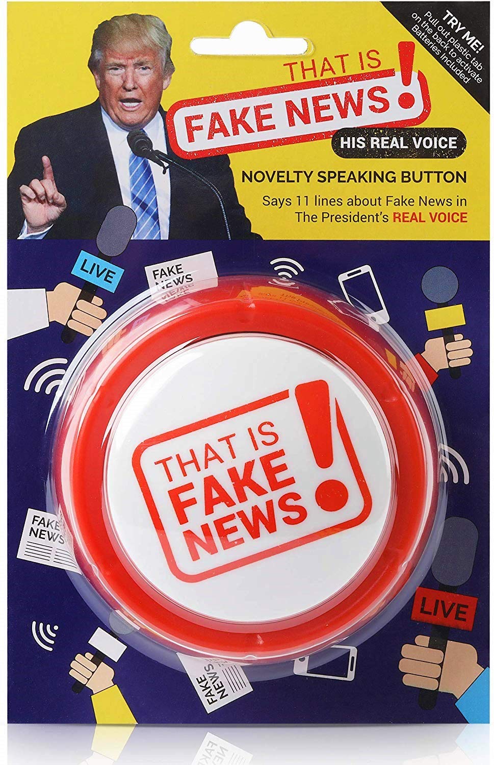 Donald Trump Fake News Button - 11 Fake News Quotes In Real Voice - Talking Gag Gift Desk Item - Gag Accessories Gifts for Men a