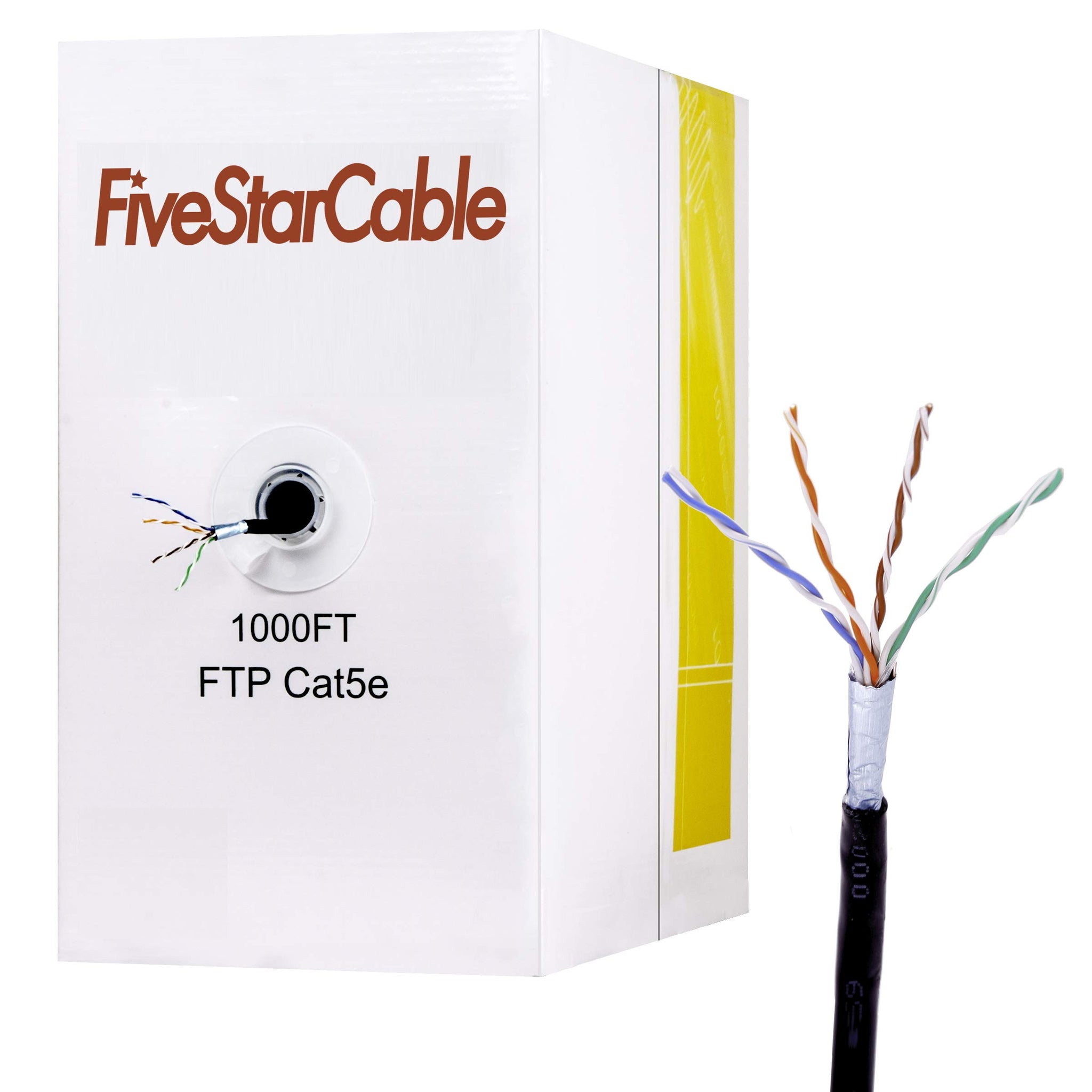 FiveStarCable 1000Ft Cat5e FTP 24AWG Outdoor Shielded Waterproof Direct Burial Rated 350MHz Bulk Ethernet Router LAN Cable Black