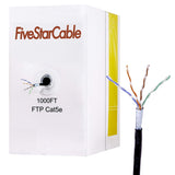 FiveStarCable 1000Ft Cat5e FTP 24AWG Outdoor Shielded Waterproof Direct Burial Rated 350MHz Bulk Ethernet Router LAN Cable Black