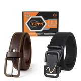 Tpm MenS Stylish Belt Combo Pack Of 2 | Heavy Duty Woven Belt | Automatic Metal Buckle Casual Belt For Men. Has573