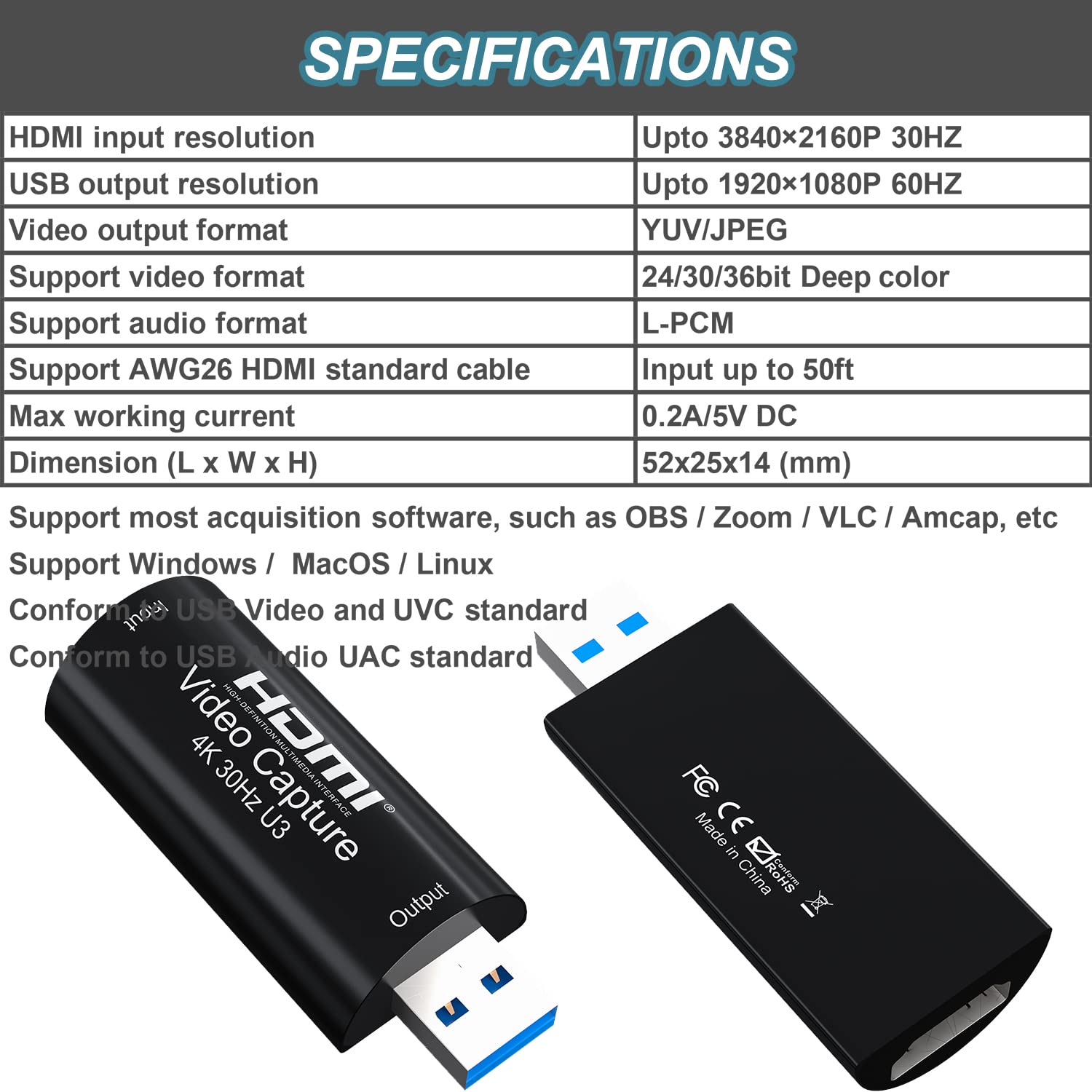 AMZHRLY 4K HDMI to USB 3.0 Video Capture Card 1080P 60FPS Cam Link Card Game Capture Card Adapter Screen Record Capture Device f