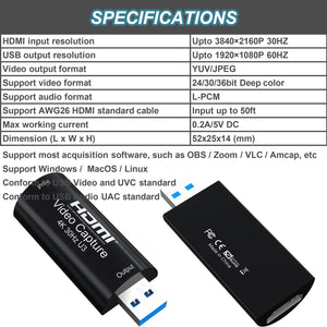 AMZHRLY 4K HDMI to USB 3.0 Video Capture Card 1080P 60FPS Cam Link Card Game Capture Card Adapter Screen Record Capture Device f