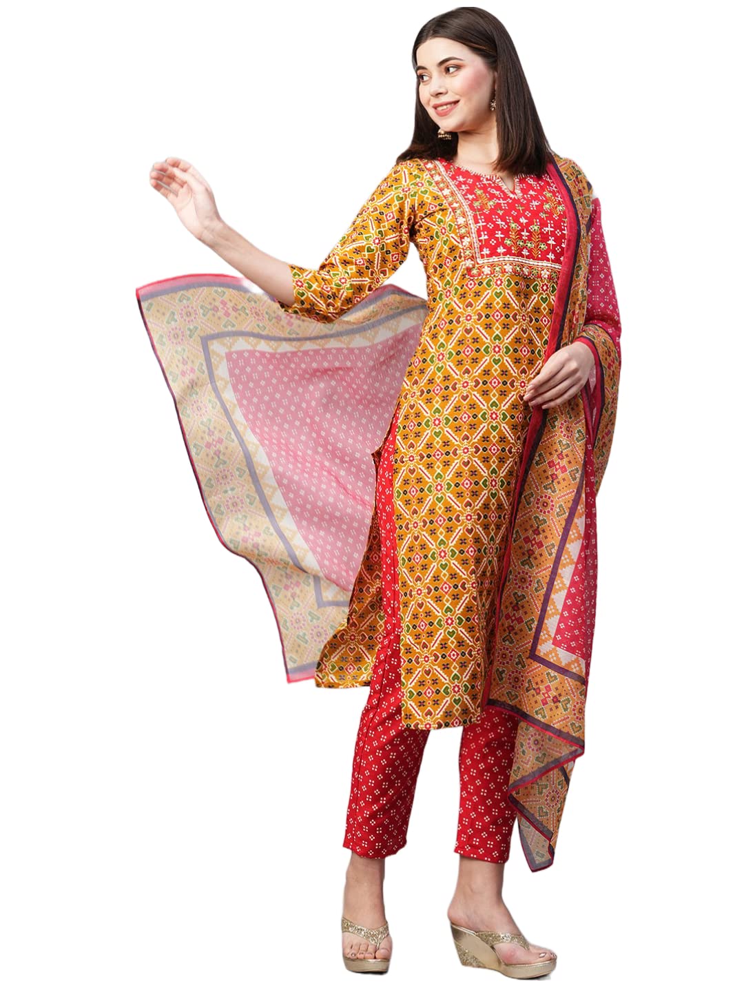 Anni Designer Women'S Cotton Blend Printed Straight Kurta With Pant & Dupatta (Makshi Yellow_L_Yellow_Large),Yellow,L