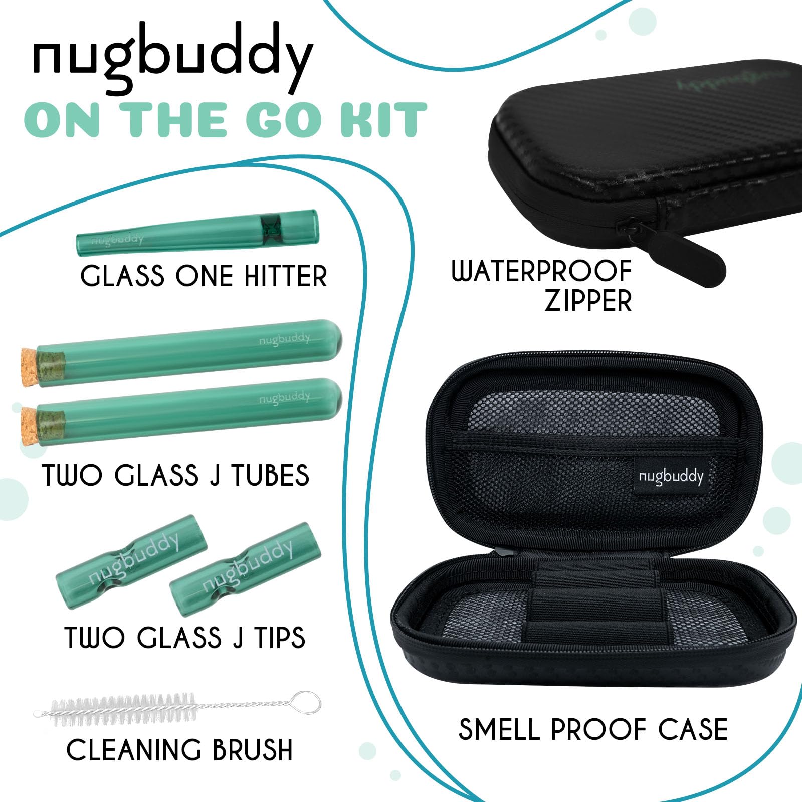 nugbuddy J-Kit - On The go Travel Case Accessory, No Odor Carbon Lining - Water Resistant Case - Glass Accessories with included