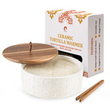 SoulMex Ceramic Tortilla Warmer with Airtight Wooden Lid - 8.8 Inch Tortilla Holder, Insulated Bread Pancake Warmer, Authentic T