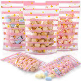 Teenyyou 60 Pcs Pink Sealing Gift Bags Plastic Pink Stripe Gold Dot Zip Closure Bags with Handles for Candy Treat Goodie Cookie 