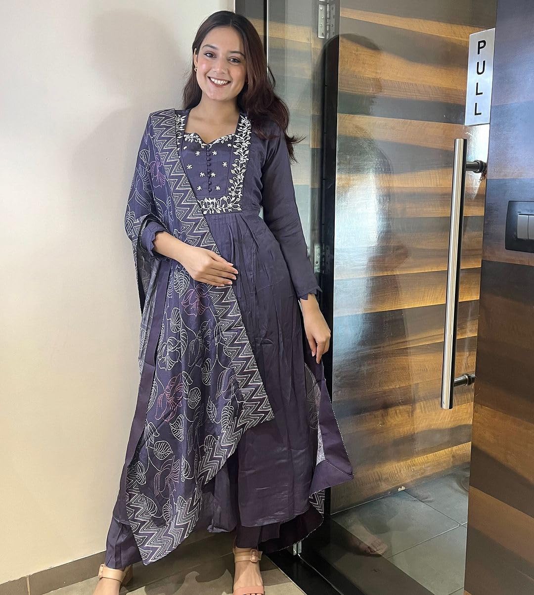 Anni Designer Women'S Rayon Blend Anarkali Embroidered Kurta With Pant & Dupatta (Anandhi Purple_L_Purple_Large),Purple,L,Rayon Blend,Anarkali,