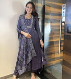 Anni Designer Women'S Rayon Blend Anarkali Embroidered Kurta With Pant & Dupatta (Anandhi Purple_Xl_Purple_X-Large),Purple,XL,Rayon Blend,Anarkali,