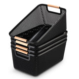 Tioncy 4 Pcs Plastic Mesh Baskets with Wood Handle Woven Mesh Storage Organizer Bins Multi-function Rectangle Baskets for Home P