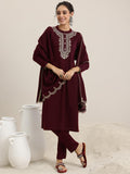 Libas Womens Yoke Design Wool Straight Kurta With Trousers And Dupatta Maroon As Shown