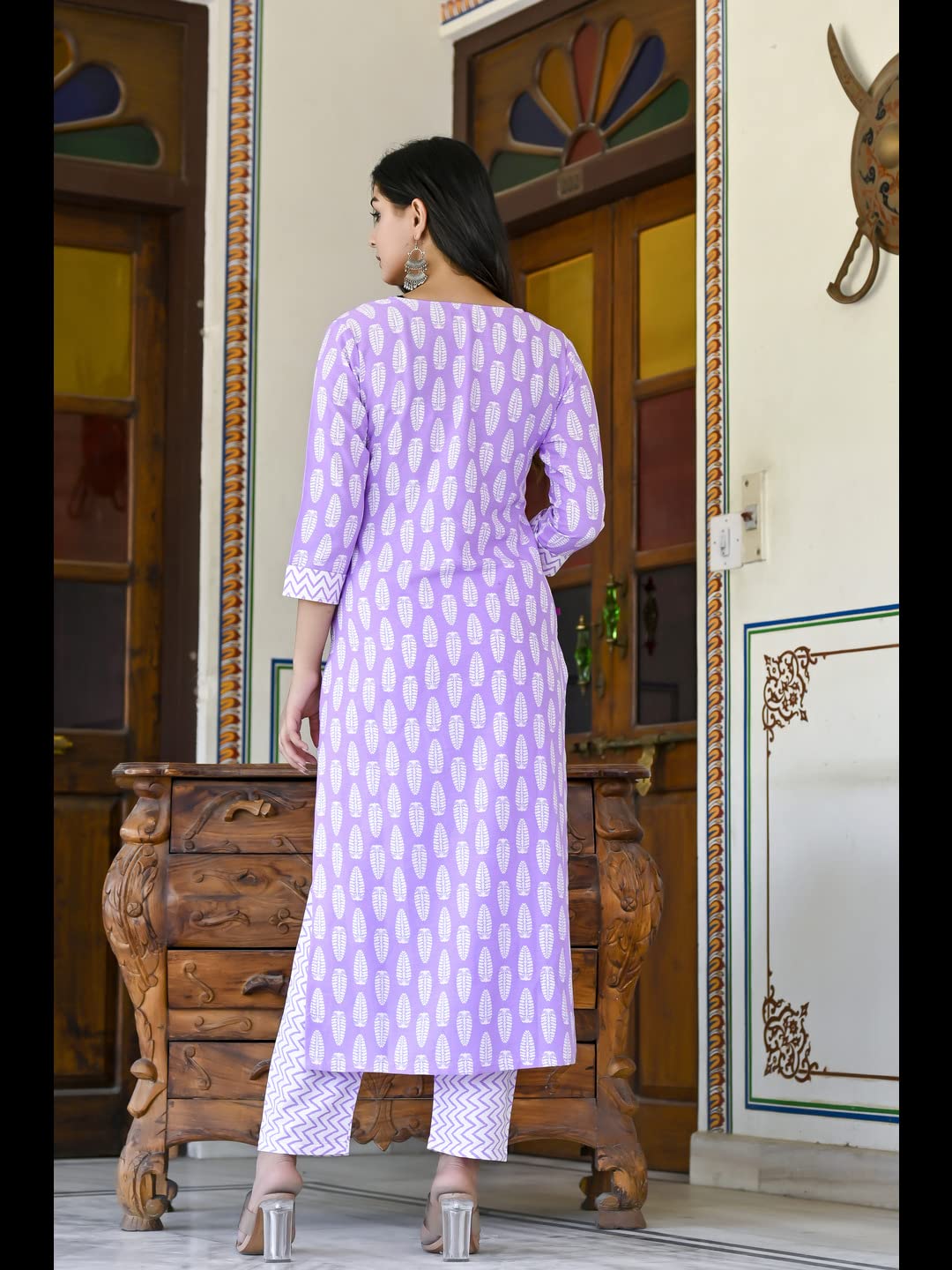 Anni Designer Women'S Cotton Blend Traditional Straight Printed Kurta And Pant Set (Danapa Purple-Cmd_S_Purple_Small),Purple,S,Cotton Blend,Regular,Kurta