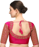 Pujia Mills Women's Embroidery Handwork Sequence Work Necklace Design Readymade Half Sleeve Blouse (Pink, 34)