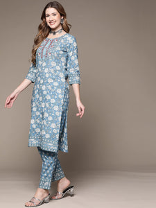 Anubhutee Women Blue Floral Printed Pure Cotton Kurta With Trousers & Dupatta Blue L