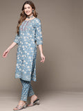 Anubhutee Women Blue Floral Printed Pure Cotton Kurta With Trousers & Dupatta Blue L
