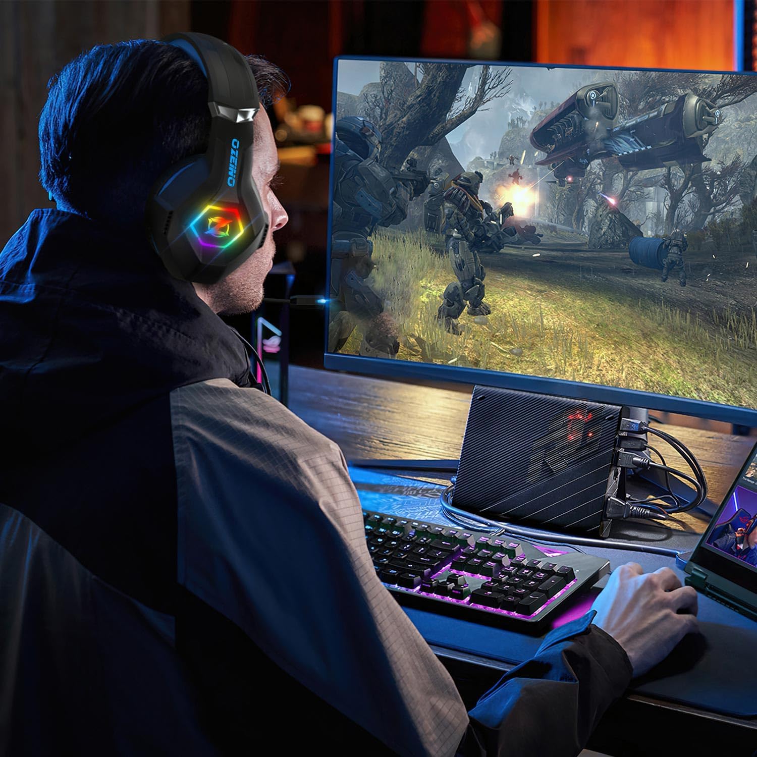 Ozeino Gaming Headset for PC, Ps4, Ps5, Xbox Headset with 7.1 Surround Sound, Gaming Headphones with Noise Cancelling Mic RGB Li