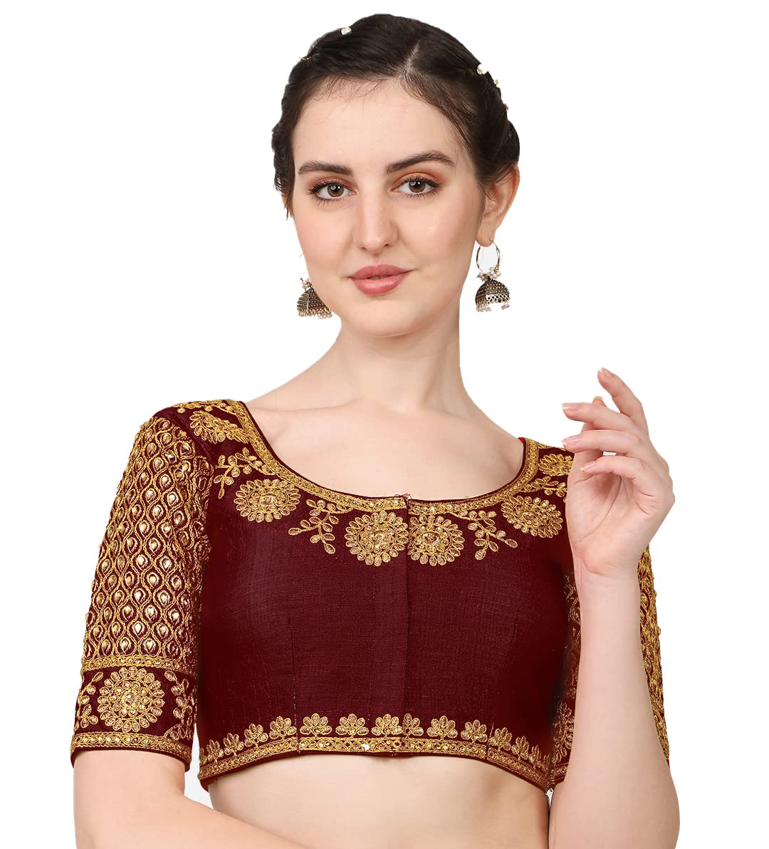 Vihu Fashion Women's Multicolor Heavy Hand Morpankh Sleeves Embroidery Thread Stone Work Phantom Silk Readymade Blouse for Saree