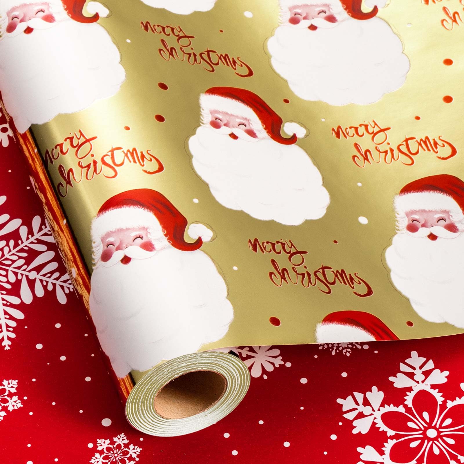 MAYPLUSS Gold Santa Claus Wrapping Paper Roll, 17IN X 33FT Red Christmas Gift Wrap Paper Featuring Merry Christmas Reversible Sn