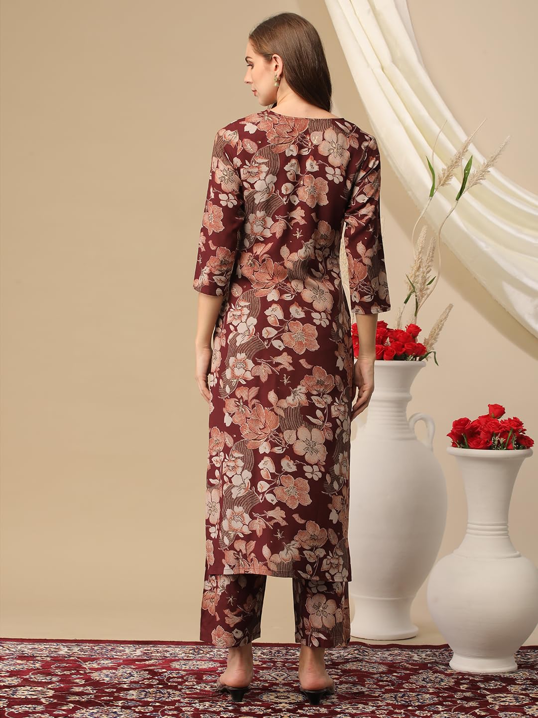 Gosriki Women'S Cotton Blend Straight Printed Kurta With Pant (Waqt Wine-Nh-Gs_S_Wine_Small),Wine,,B0D2NC2VNZ