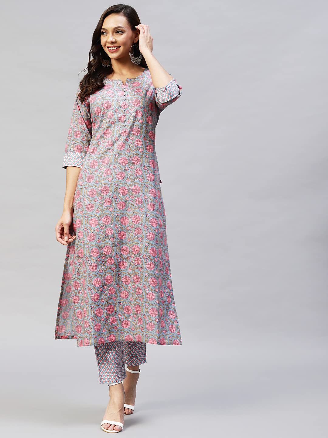 Anni Designer Women'S Cotton Blend Straight Printed Kurta With Palazzo (Lochna Grey_S_ Grey_Small),Grey,S,Cotton,Straight,kurta